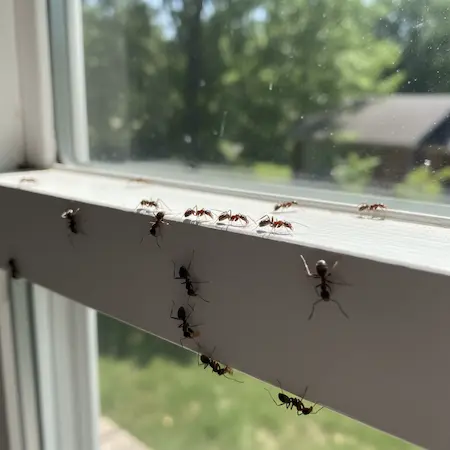 Ants trailing on window